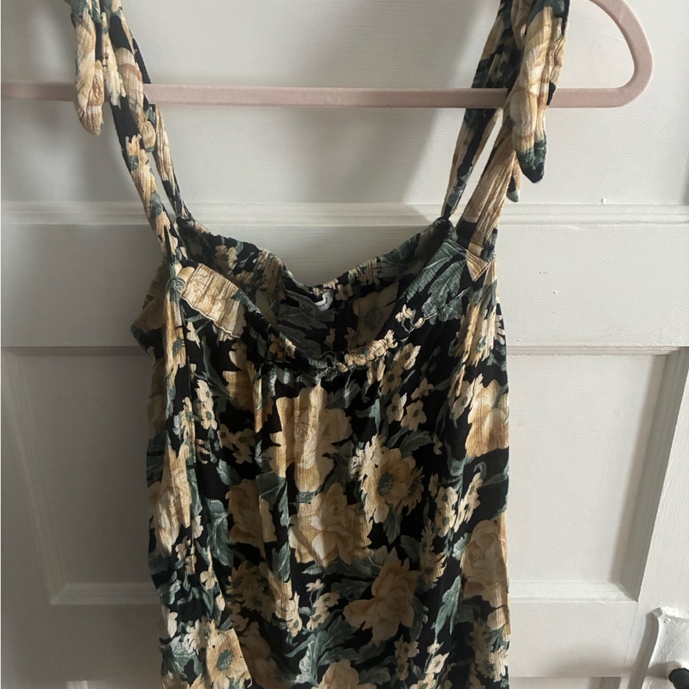 American Eagle Outfitters Black with Yellow Floral Tie Tank Top